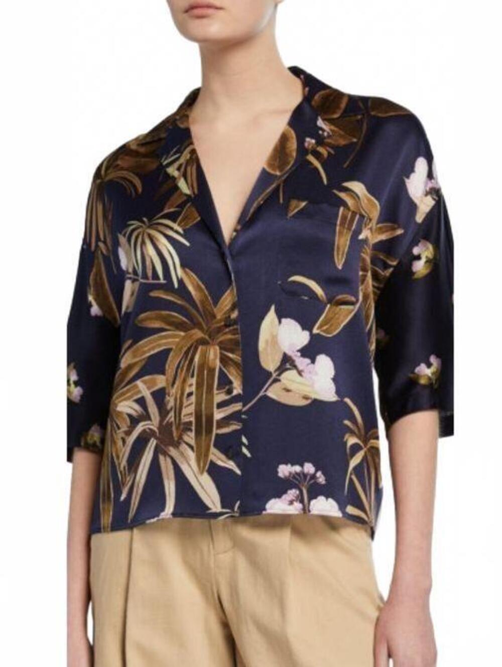 Vince Navy Tropical Floral 100% Silk Short Sleeve Button Down Shirt S Pajama